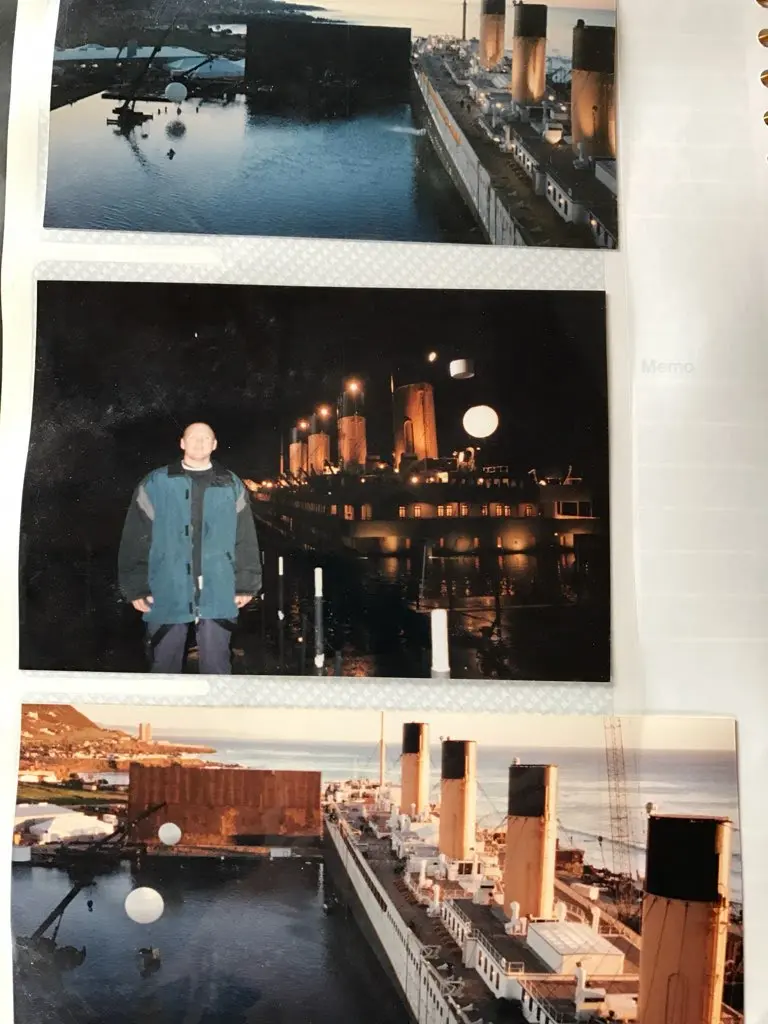 A series of scanned film photographs from James Cameron's Titanic, showing the ship, and Jon Haney, a young white male, standing by it.