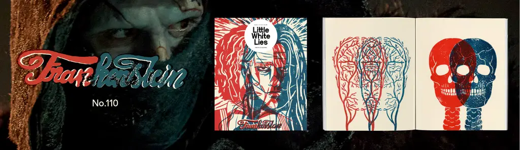Four comic book covers arranged horizontally: dark green "Fearsome" issue, red and white figure with blue hair, three outlined head profiles, red and blue skull design.