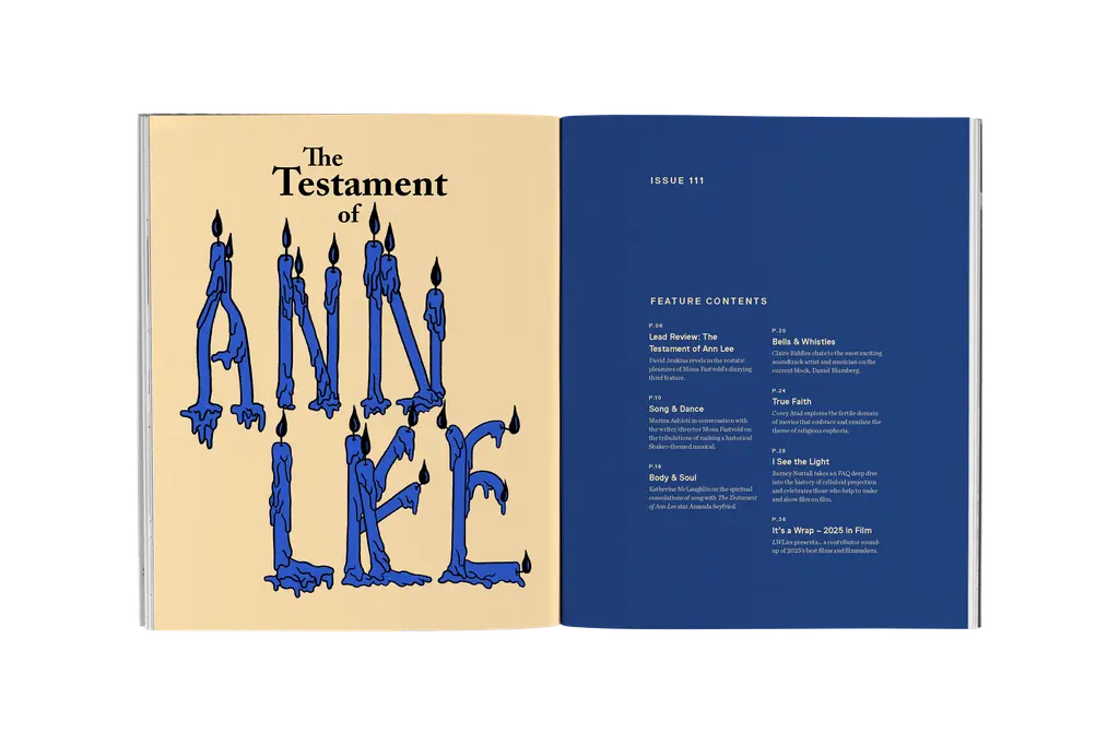 Open book with cream left page showing "The Testament of ANN LEE" in black and blue text, blue right page with white text listing contents.