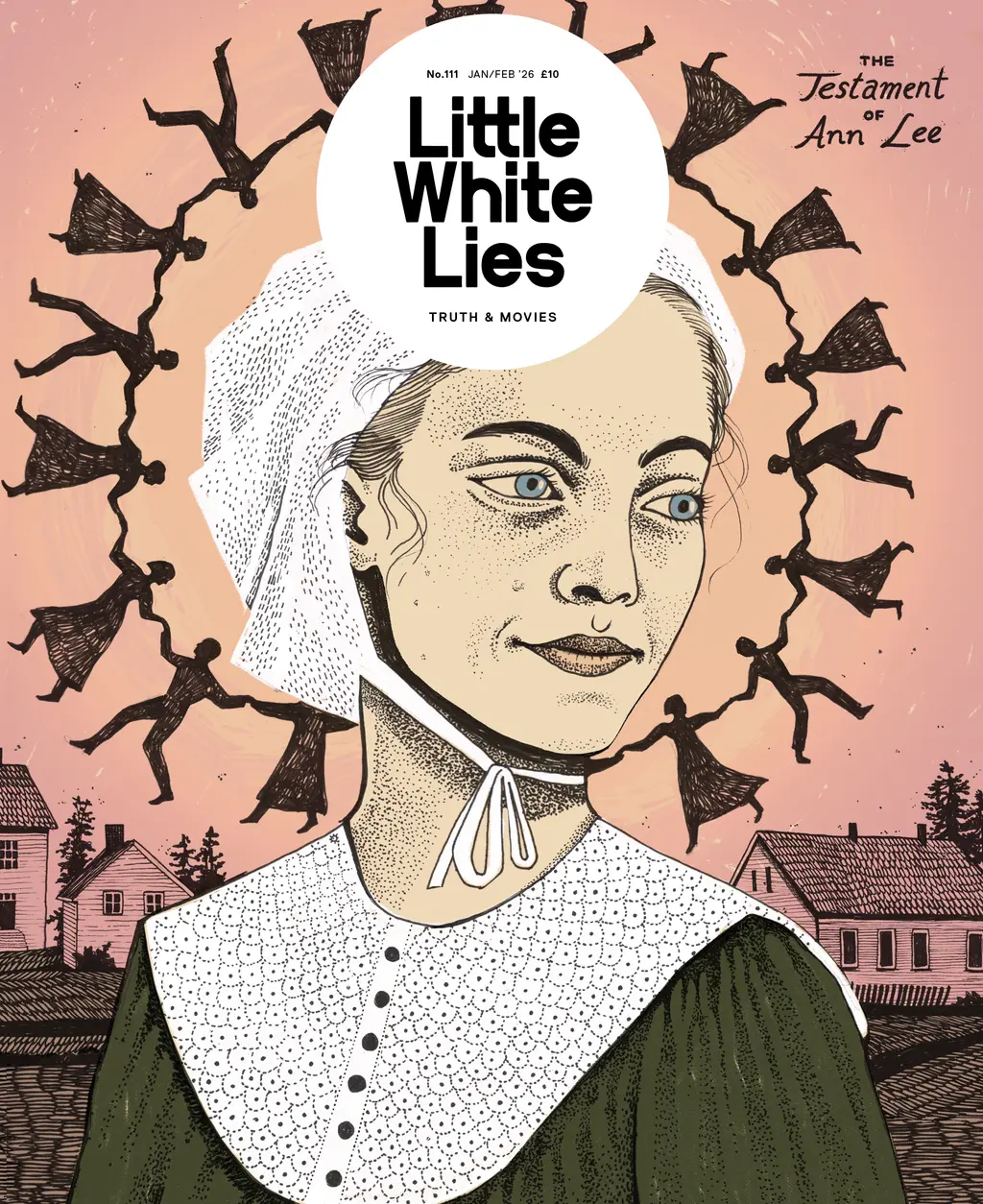 Magazine cover illustration with woman in white bonnet and green dress against pink sky. Black birds fly in circle above. Village houses below.
